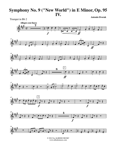 Dvorak Symphony No. 9, New World, Movement IV - Trumpet in Bb 2 (Transposed Part), Op.95