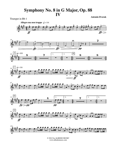 Dvorak Symphony No. 8, Movement IV - Trumpet in Bb 1 (Transposed Part), Op. 88