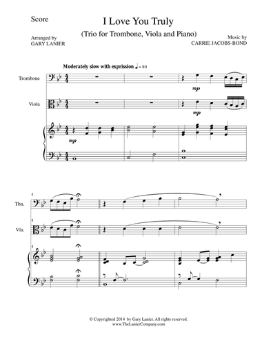 I LOVE YOU TRULY (Trio – Trombone, Viola, and Piano with Score and Parts)