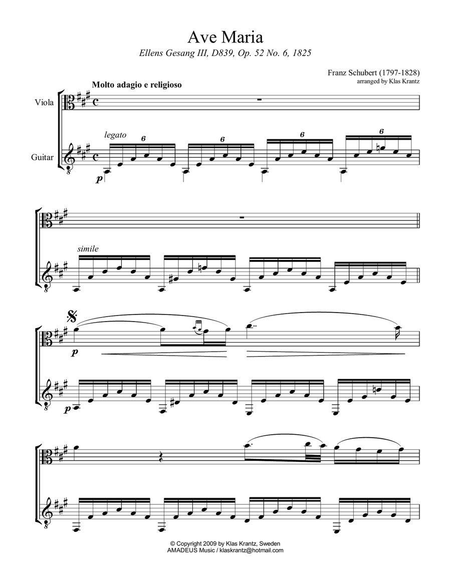 Ave Maria (Schubert) for viola and guitar (A major) String Duet scores gallery preview page 2