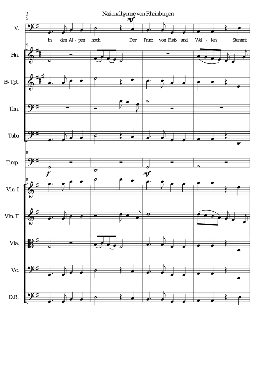 Nationalhymne von Rheinbergen (National Anthem of Rheinbergen) baritone and orchestra (with PARTS) Large Ensemble scores gallery preview page 2