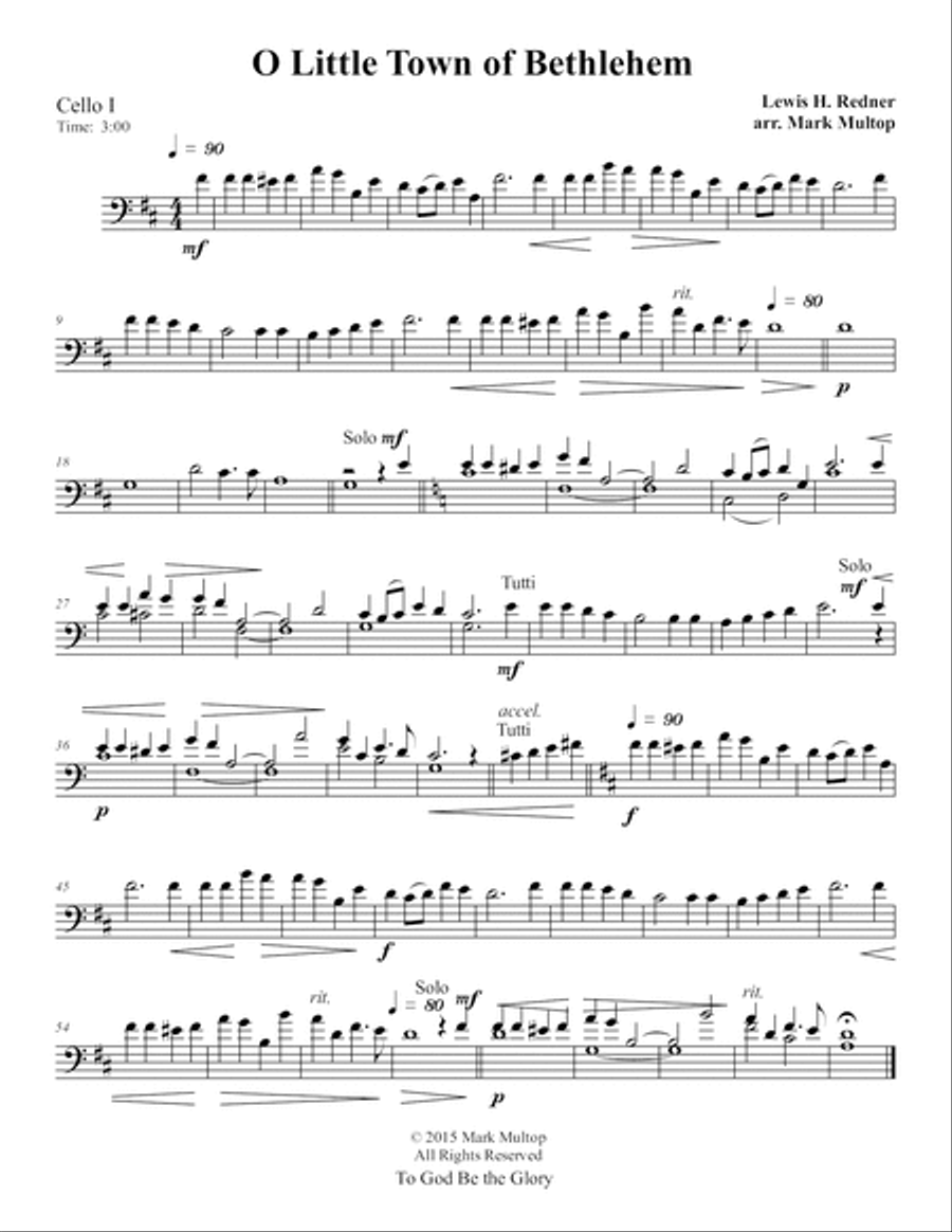 O Little Town of Bethlehem (Cello Choir) String Quintet scores gallery preview page 3