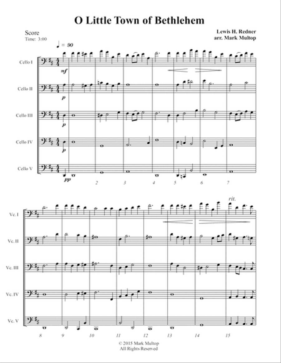 O Little Town of Bethlehem (Cello Choir) String Quintet scores gallery preview page 5