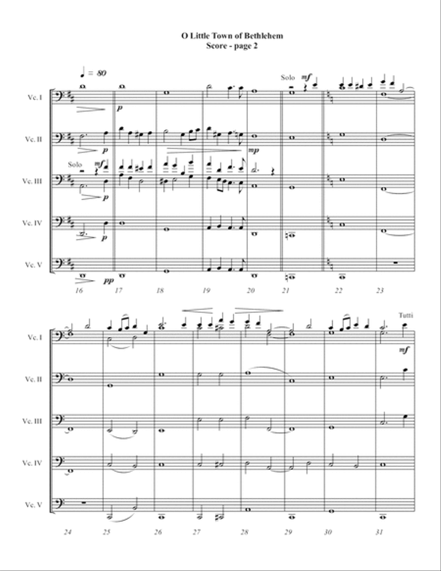 O Little Town of Bethlehem (Cello Choir) String Quintet scores gallery preview page 6