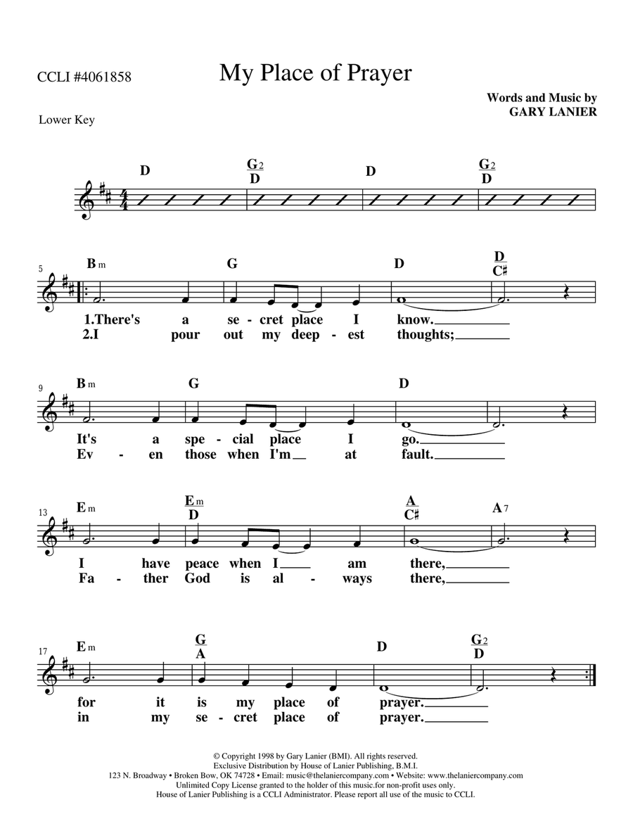 MY PLACE OF PRAYER Lead Sheet (Includes Melody, Lyrics & Chords) Piano scores gallery preview page 1