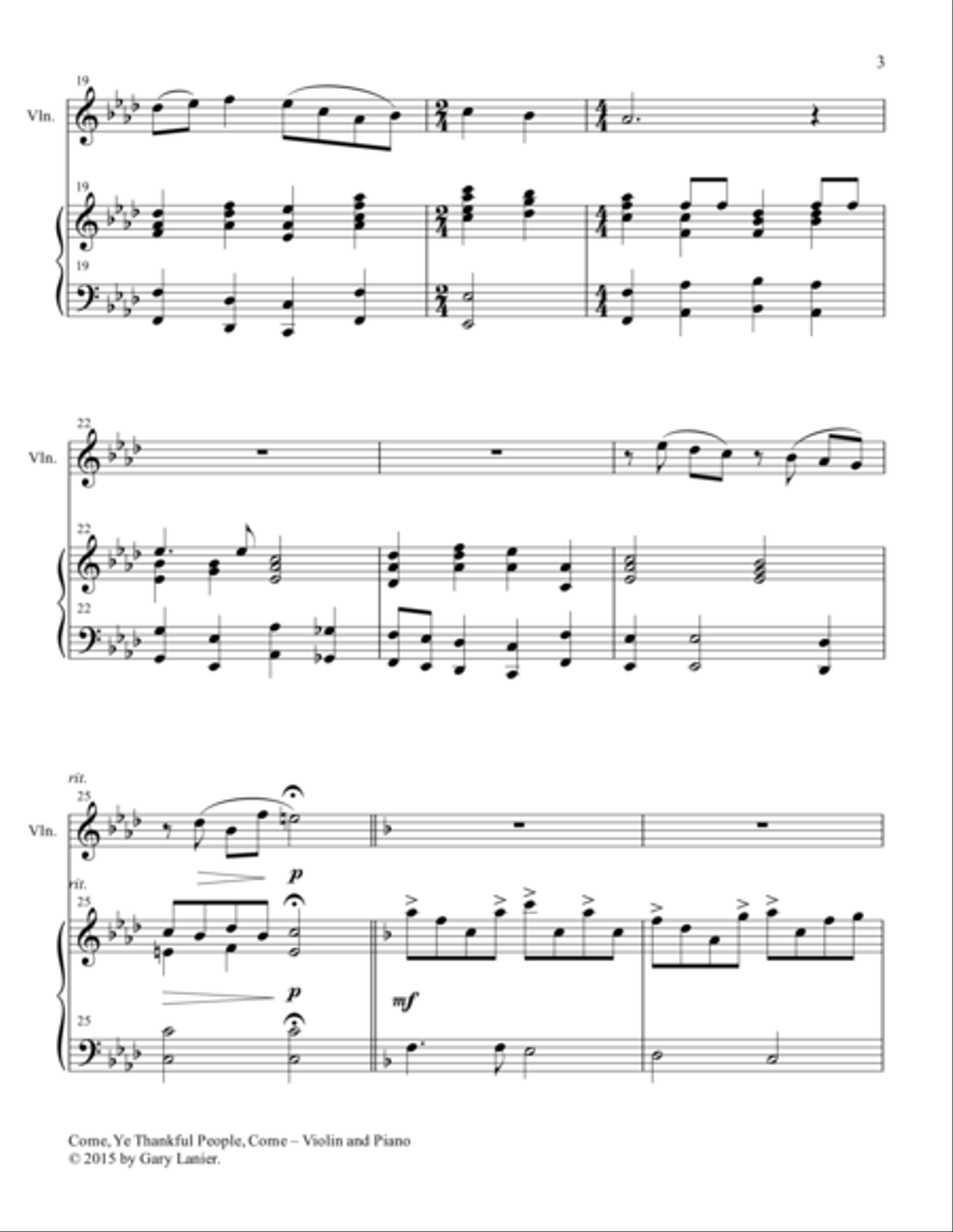 THREE THANKSGIVING ARRANGEMENTS (Duets for Violin & Piano) Violin Solo scores gallery preview page 5