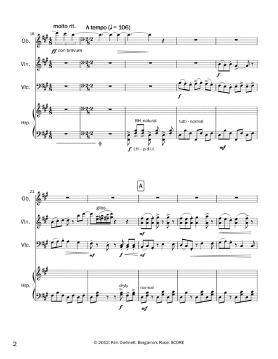 Diehnelt: Bergamo’s Ruse for oboe, violin, ‘cello, and harp (score) Oboe scores gallery preview page 3