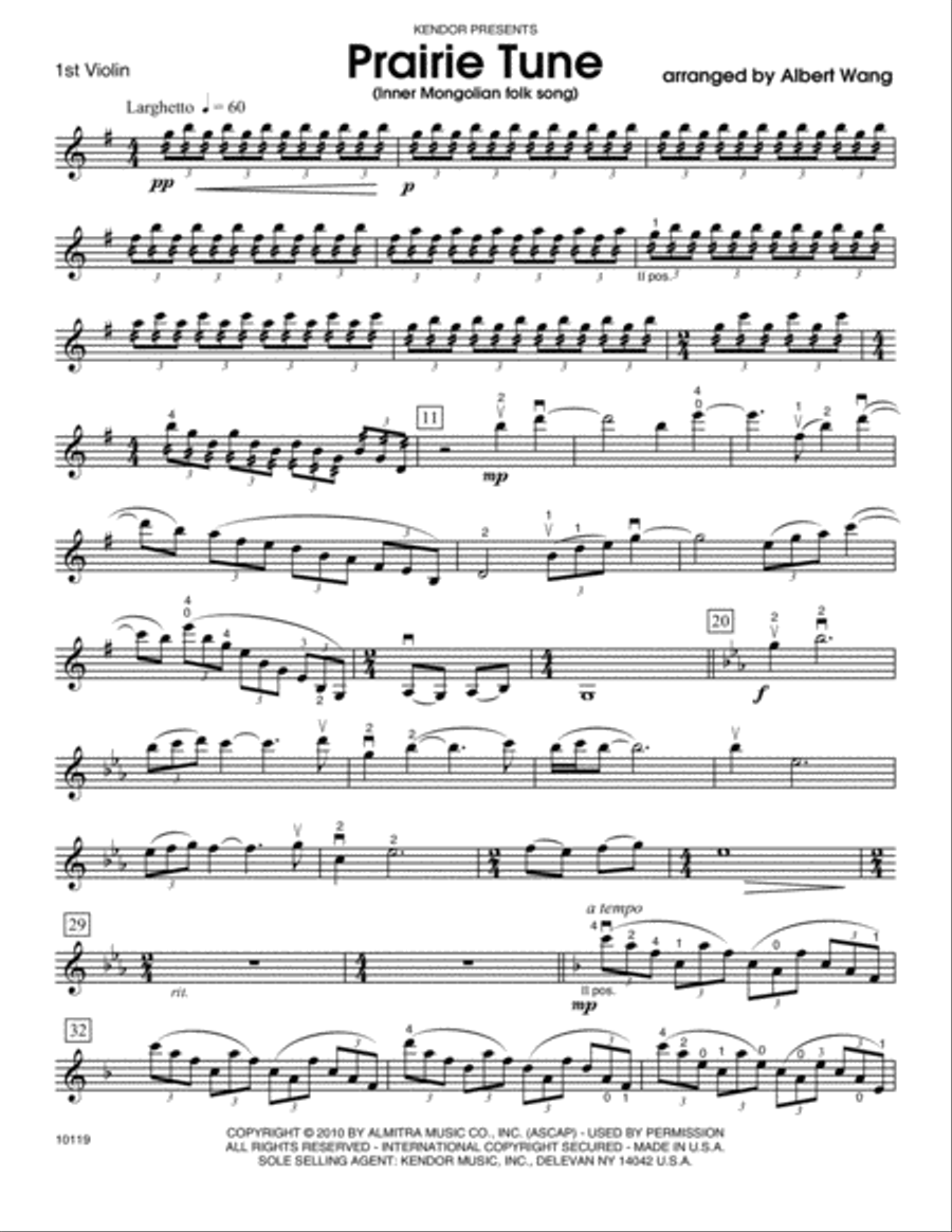 Prairie Tune (Inner Mongolian folk song) - Violin 1 String Orchestra scores gallery preview page 1