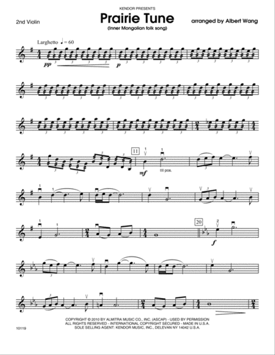 Prairie Tune (Inner Mongolian folk song) - Violin 2 String Orchestra scores gallery preview page 1