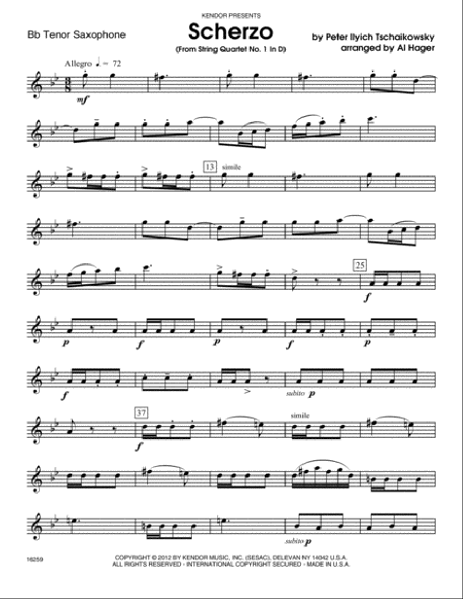 Scherzo (from String QuartetNo. 1 In D) - Tenor Sax Tenor Saxophone scores gallery preview page 1