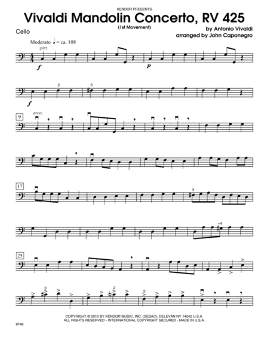 Vivaldi Mandolin Concerto, RV 425 (1st Movement) - Cello Cello scores gallery preview page 1