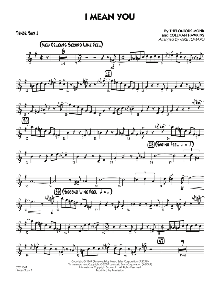 I Mean You - Tenor Sax 1 I Mean You - Tenor Sax 1 Jazz Ensemble scores gallery preview page 1