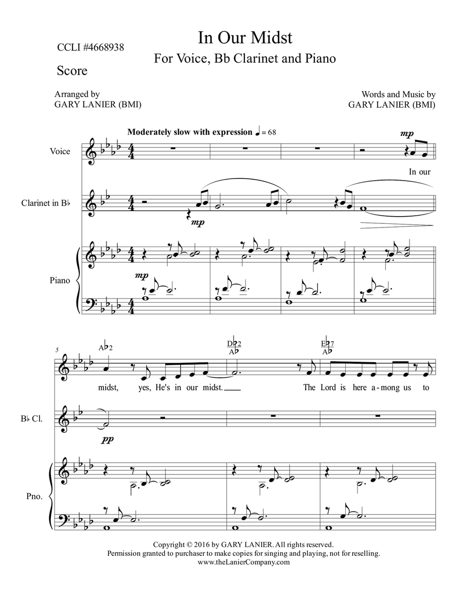 Gary Lanier: IN OUR MIDST (Worship - For Voice, Bb Clarinet and Piano with Parts) 4-Part scores gallery preview page 2