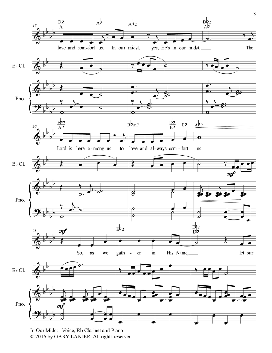 Gary Lanier: IN OUR MIDST (Worship - For Voice, Bb Clarinet and Piano with Parts) 4-Part scores gallery preview page 4