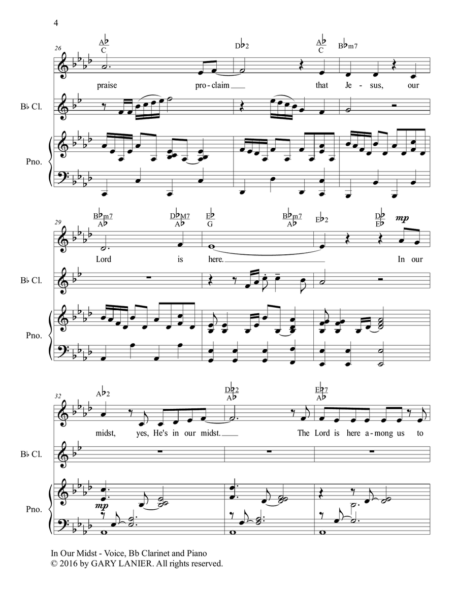 Gary Lanier: IN OUR MIDST (Worship - For Voice, Bb Clarinet and Piano with Parts) 4-Part scores gallery preview page 5