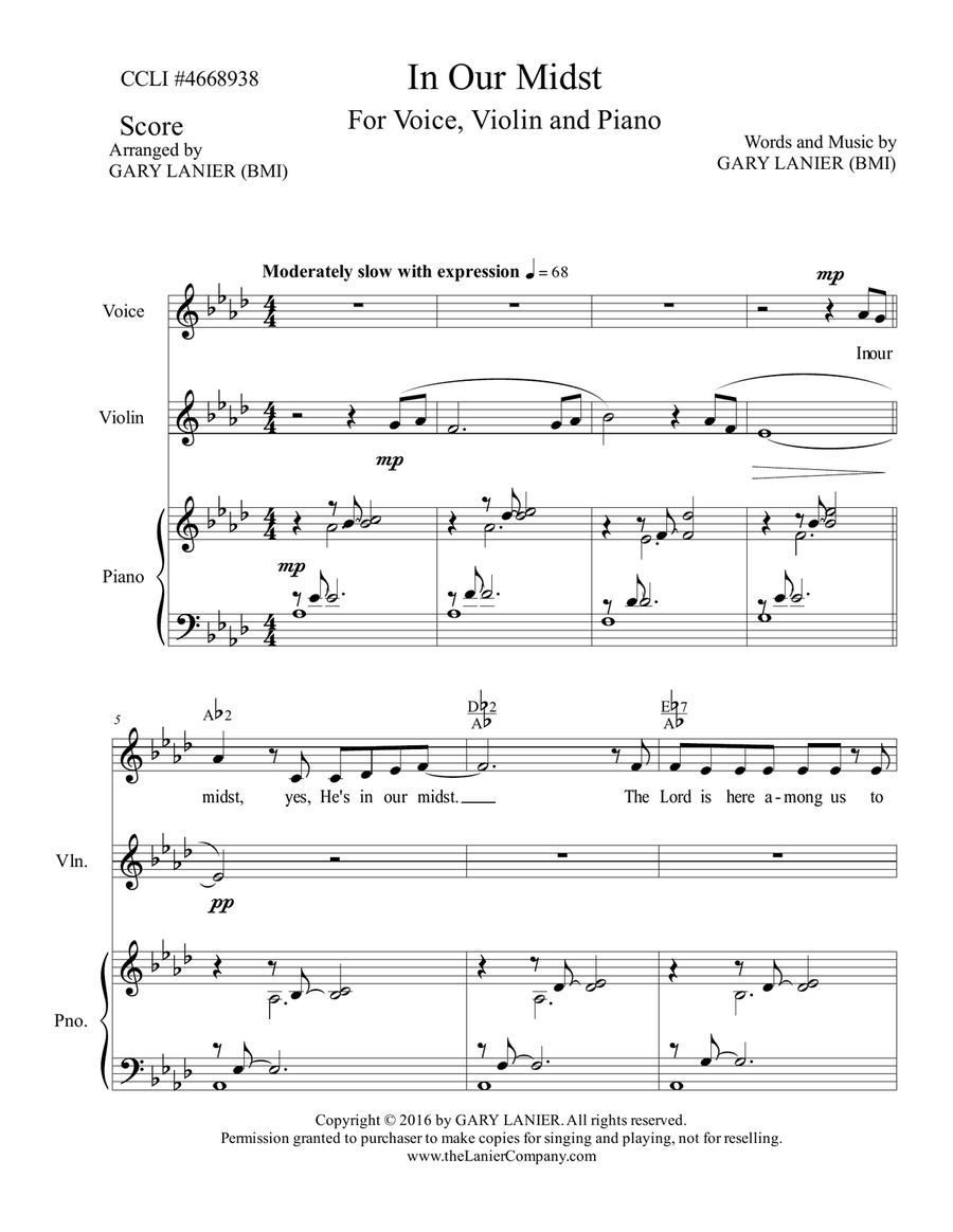 Gary Lanier: IN OUR MIDST (Worship - For Voice, Violin and Piano with Parts) 4-Part scores gallery preview page 2