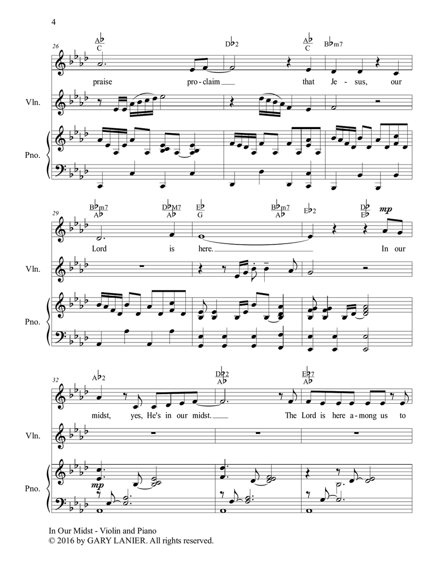 Gary Lanier: IN OUR MIDST (Worship - For Voice, Violin and Piano with Parts) 4-Part scores gallery preview page 5