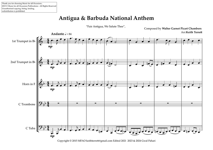 Antigua & Barbuda National Anthem for Brass Quintet (