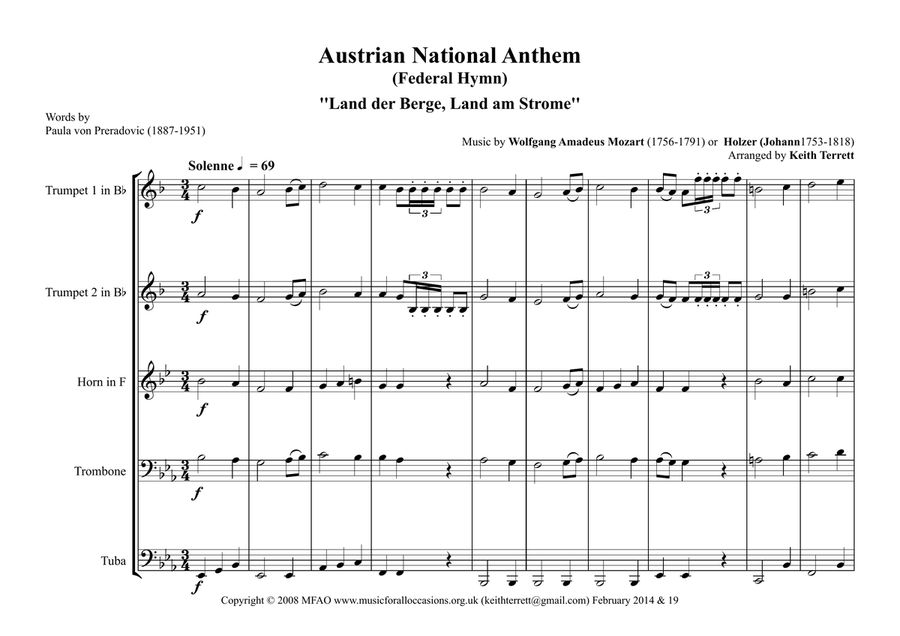 Austrian National Anthem for Brass Quintet (World National Anthem Series) Brass Quintet scores gallery preview page 2