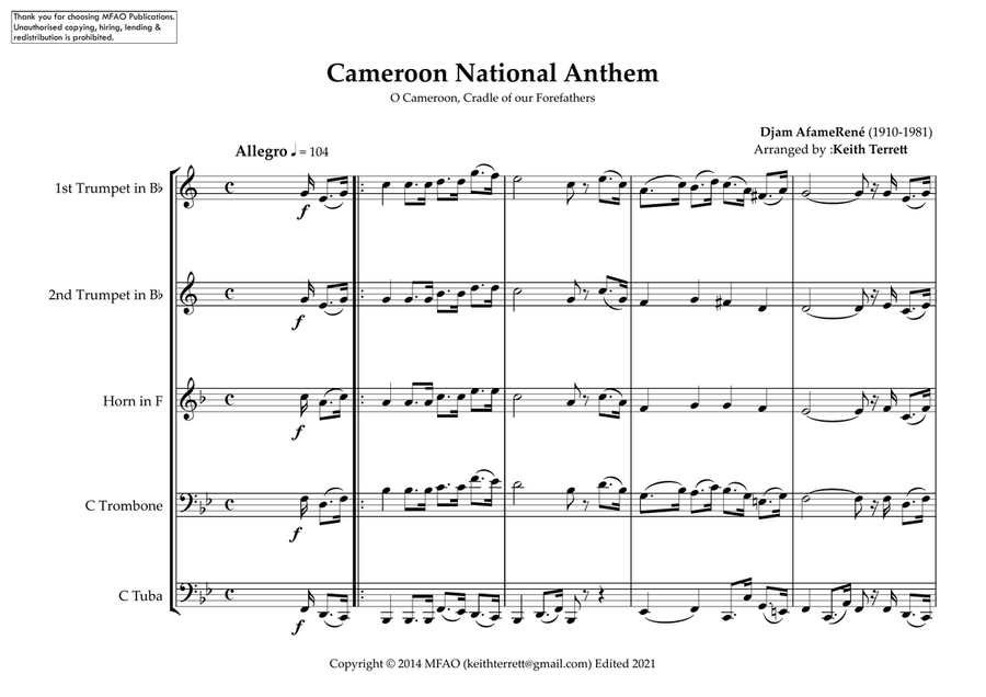 Cameroon National Anthem (O Cameroon, Cradle of our Forefathers) for Brass Quintet Brass Quintet scores gallery preview page 2