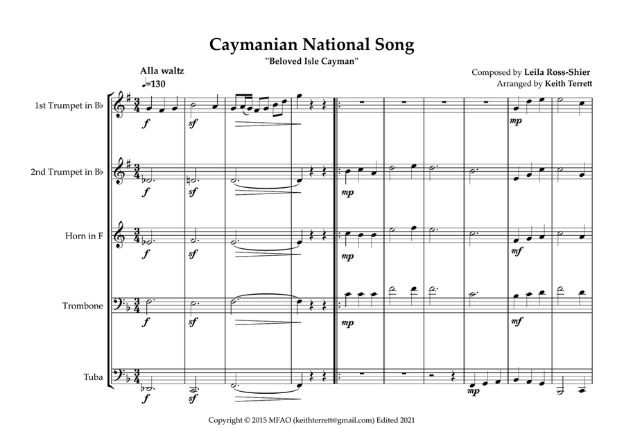 Caymanian National Song (''Beloved Isle Cayman'') for Brass Quintet (World National Anthem Series) Brass Quintet scores gallery preview page 2