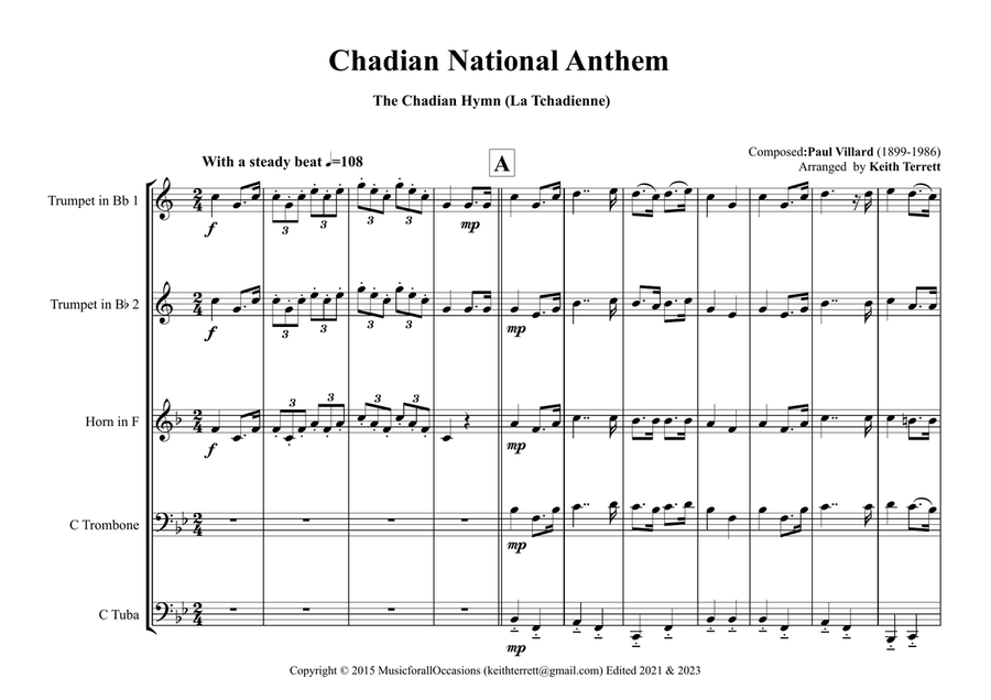 Chadian National Anthem (The Chadian Hymn-La Tchadienne) for Brass Quintet Brass Quintet scores gallery preview page 2