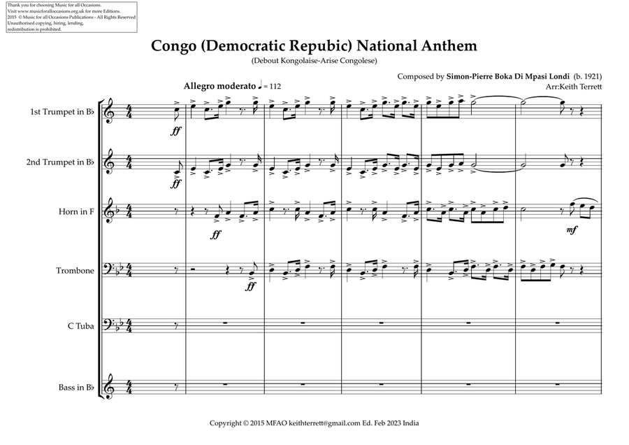 Congo (Democratic Repubic) National Anthem (Debout Kongolaise-Arise Congolese) for Brass Quintet Brass Quintet scores gallery preview page 2