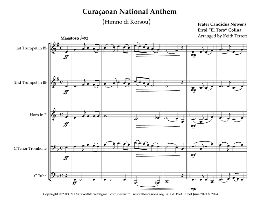Curaçaoan National Anthem (Himno di Korsou) for Brass Quintet Brass Quintet scores gallery preview page 2