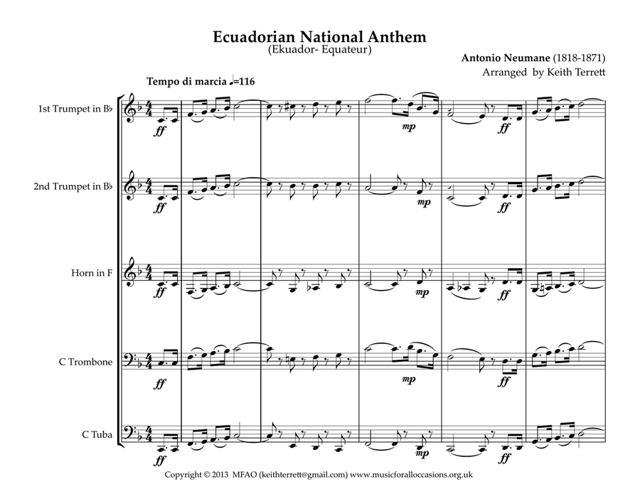 Ecuadorian National Anthem (Ekuador- Equateur) for Brass Quintet Brass Quintet scores gallery preview page 2