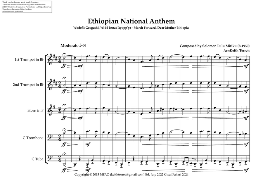 Ethiopian National Anthem (March Forward, Dear Mother Ethiopia) for Brass Quintet Brass Quintet scores gallery preview page 2
