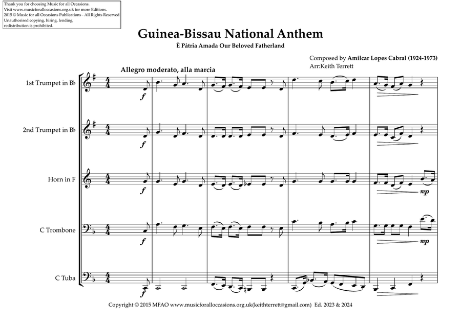 Guinea-Bissau National Anthem (È Pàtria Amada Our Beloved Fatherland) for Brass Quintet Brass Quintet scores gallery preview page 2