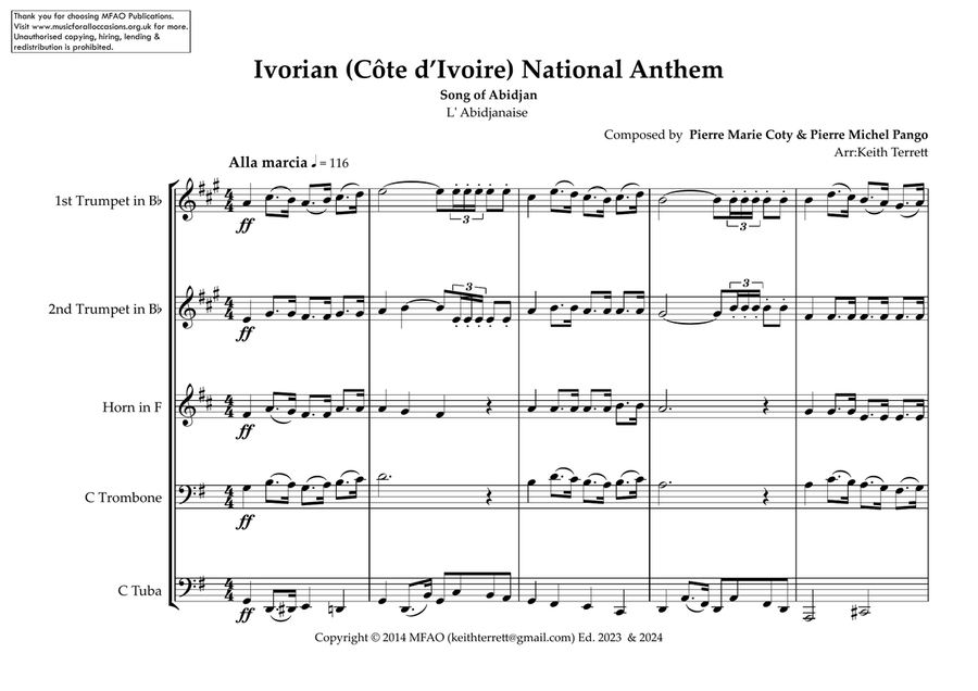Ivorian (Côte d'Ivoire) National Anthem (Song of Abidjan L' Abidjanaise) for Classical Brass Quintet Brass Quintet scores gallery preview page 2