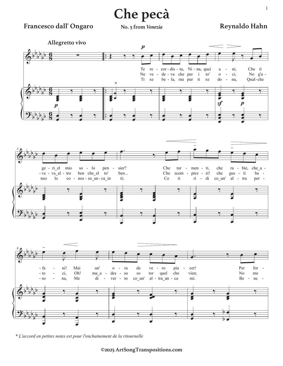 HAHN: Che pecà (transposed to G-flat major) Piano, Vocal scores gallery preview page 2