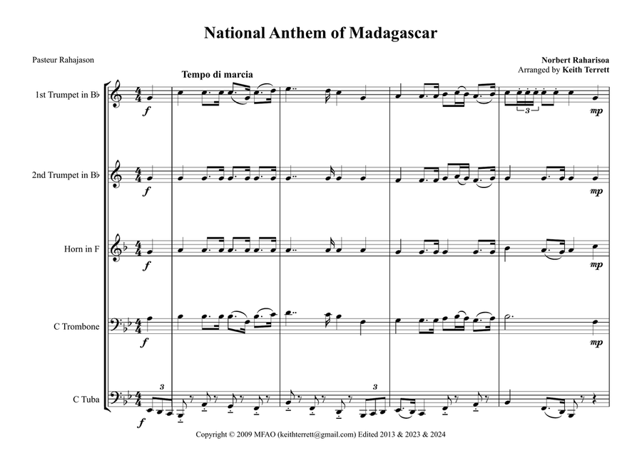 Malagasy (Madagascar) National Anthem for Brass Quintet Brass Quintet scores gallery preview page 2