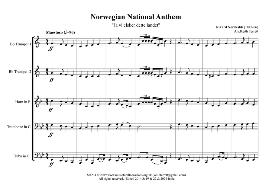Norwegian National Anthem for Brass Quintet Brass Quintet scores gallery preview page 2