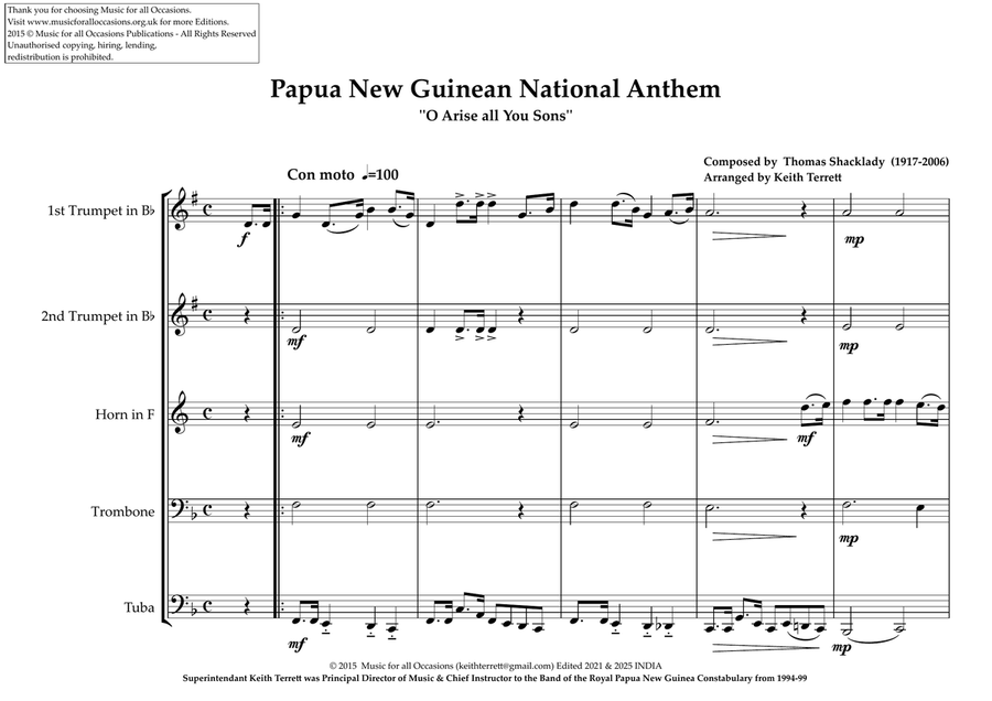 Papua New Guinea National Anthem ''O Arise all You Sons'' for Brass Quintet Brass Quintet scores gallery preview page 2