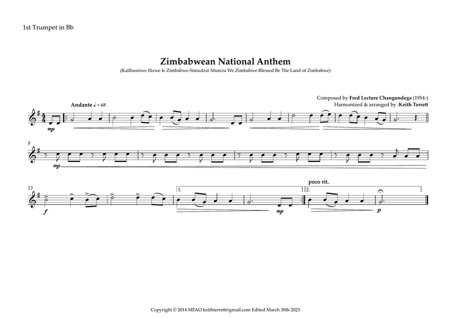 Zimbabwean National Anthem ''Kalibusiswe Ilizwe le Zimbabwe'' for Brass Quintet Brass Quintet scores gallery preview page 5