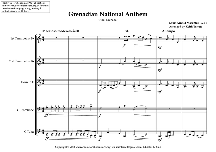 Grenadian National Anthem ''Hail! Grenada'' for Brass Quintet Brass Quintet scores gallery preview page 2