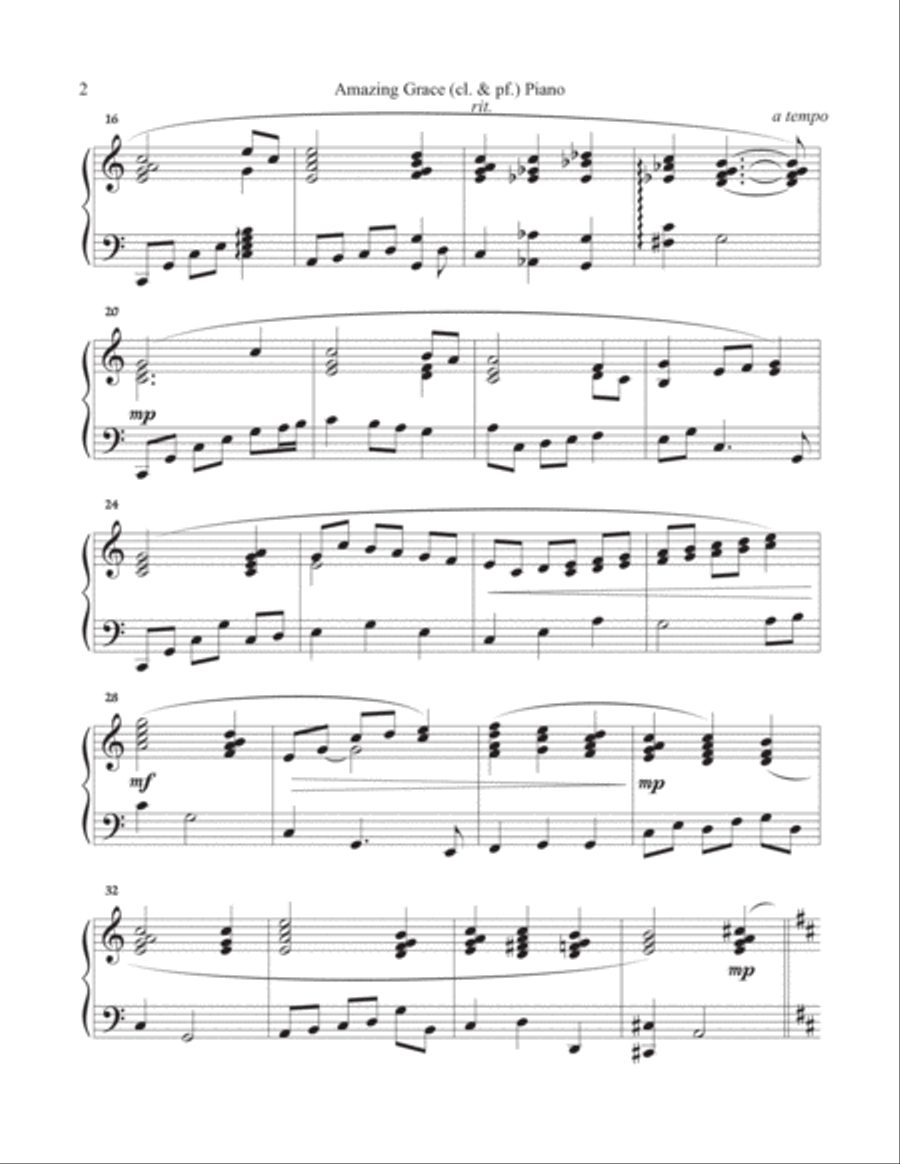 Amazing Grace (piano and clarinet in B Flat) - Piano part B-Flat Clarinet scores gallery preview page 2