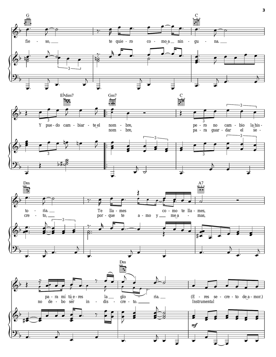 Secreto De Amor Secreto De Amor Piano, Vocal, Guitar scores gallery preview page 3