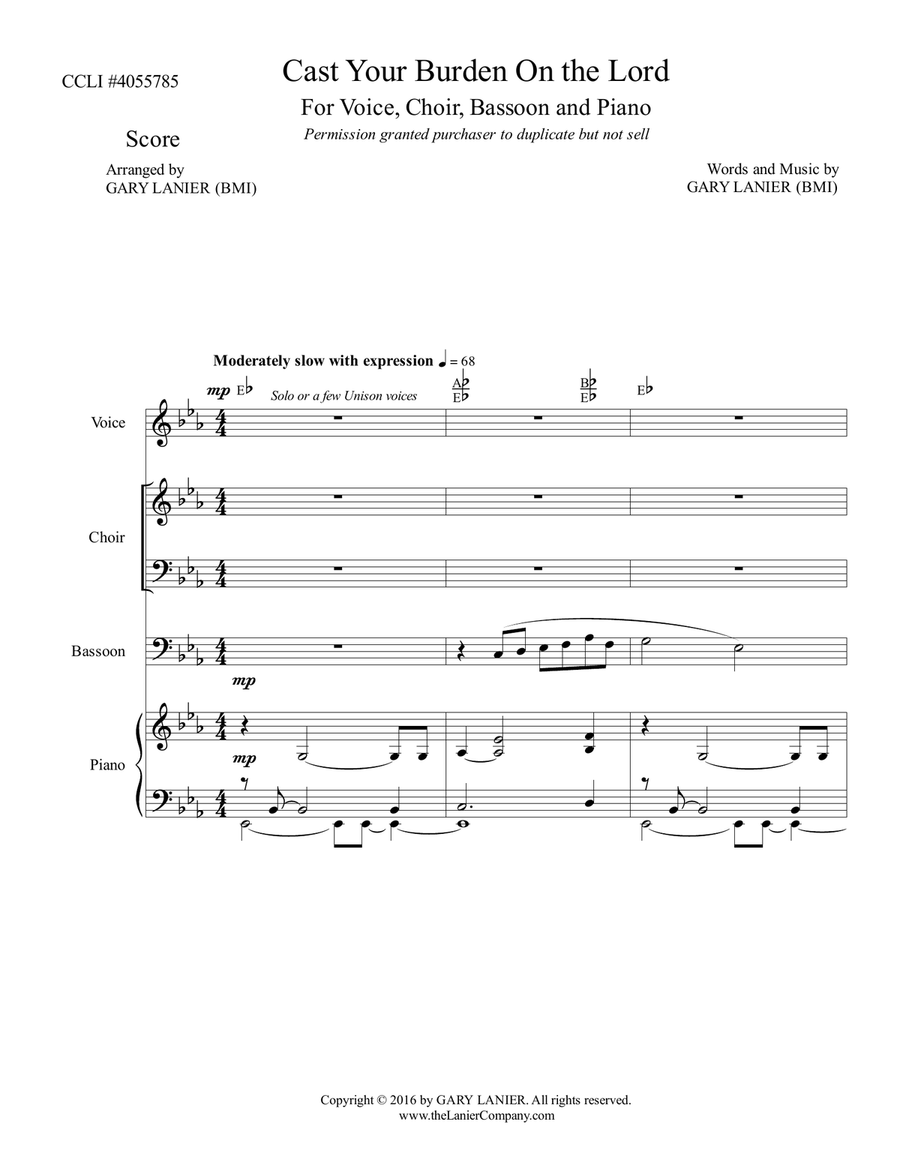 Gary Lanier: CAST YOUR BURDEN ON THE LORD (Worship - For Voice, Choir, Bassoon and Piano with Parts) 4-Part scores gallery preview page 2