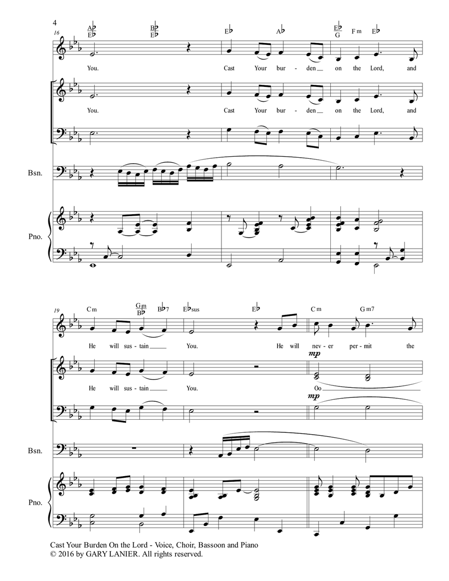 Gary Lanier: CAST YOUR BURDEN ON THE LORD (Worship - For Voice, Choir, Bassoon and Piano with Parts) 4-Part scores gallery preview page 5