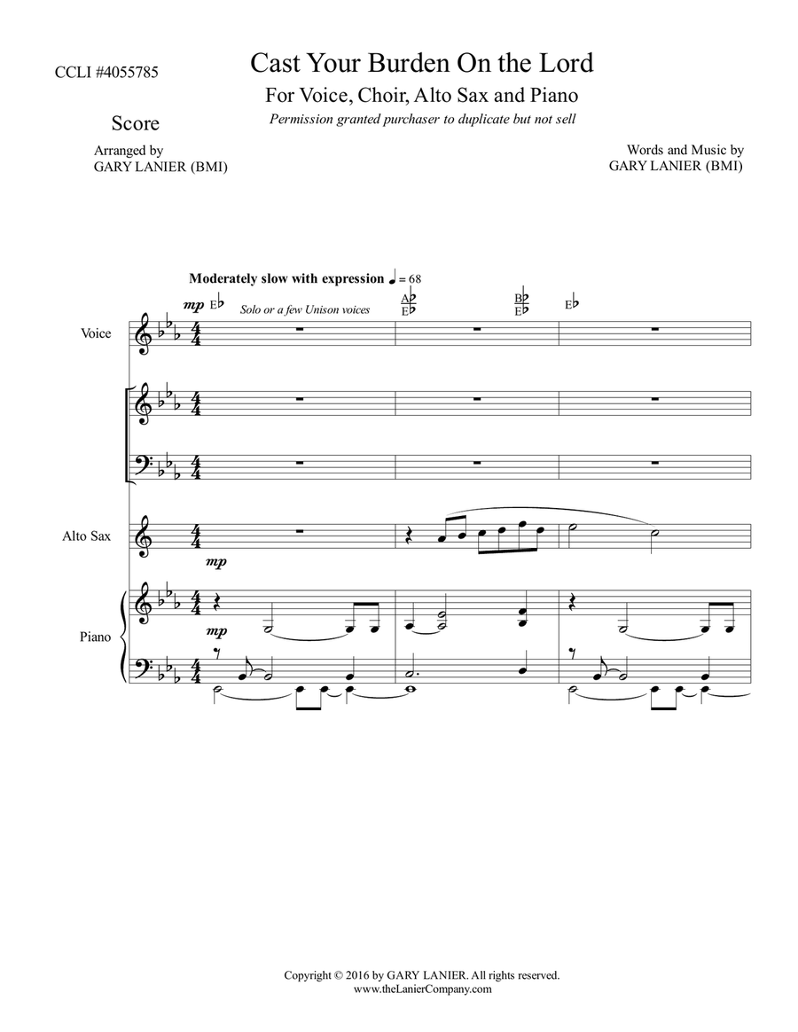 Gary Lanier: CAST YOUR BURDEN ON THE LORD (Worship - For Voice, Choir, Alto Sax and Piano with Parts Choir scores gallery preview page 2