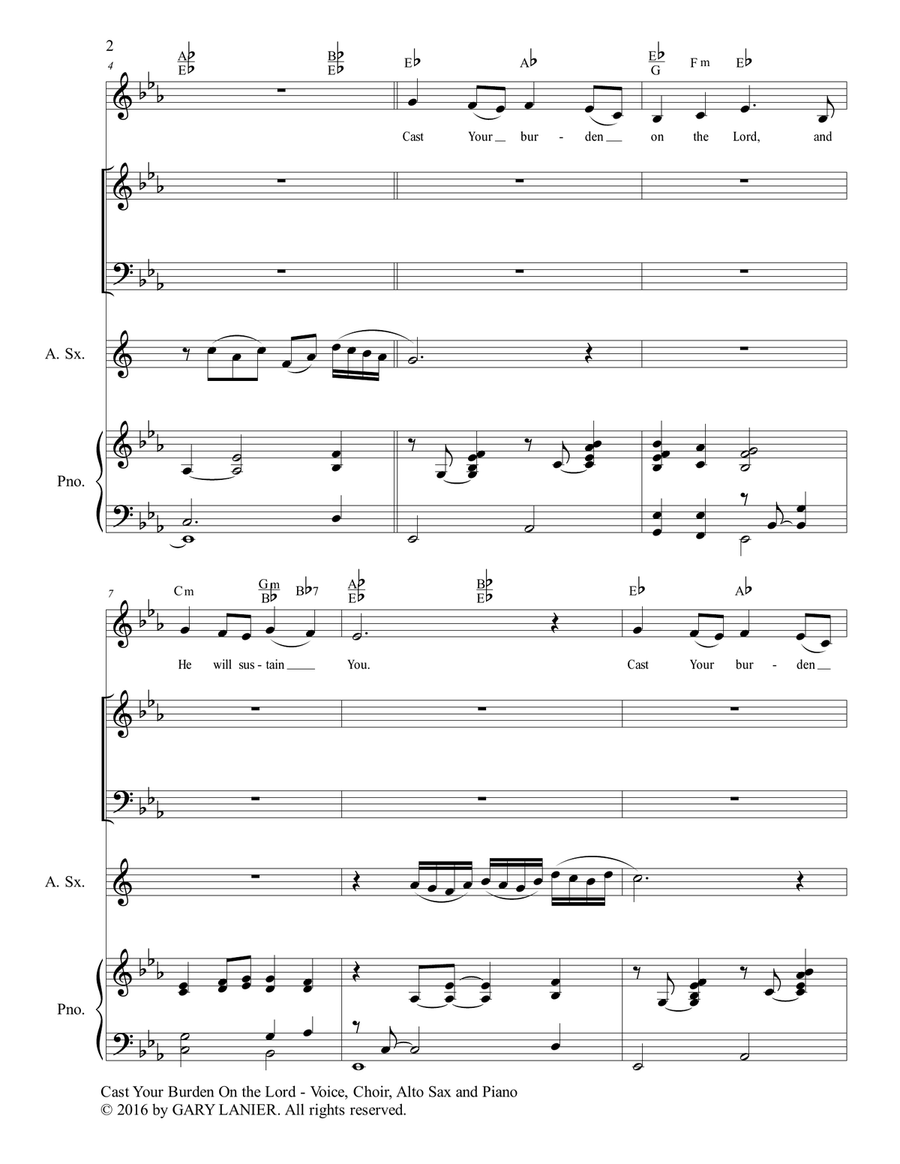 Gary Lanier: CAST YOUR BURDEN ON THE LORD (Worship - For Voice, Choir, Alto Sax and Piano with Parts Choir scores gallery preview page 3
