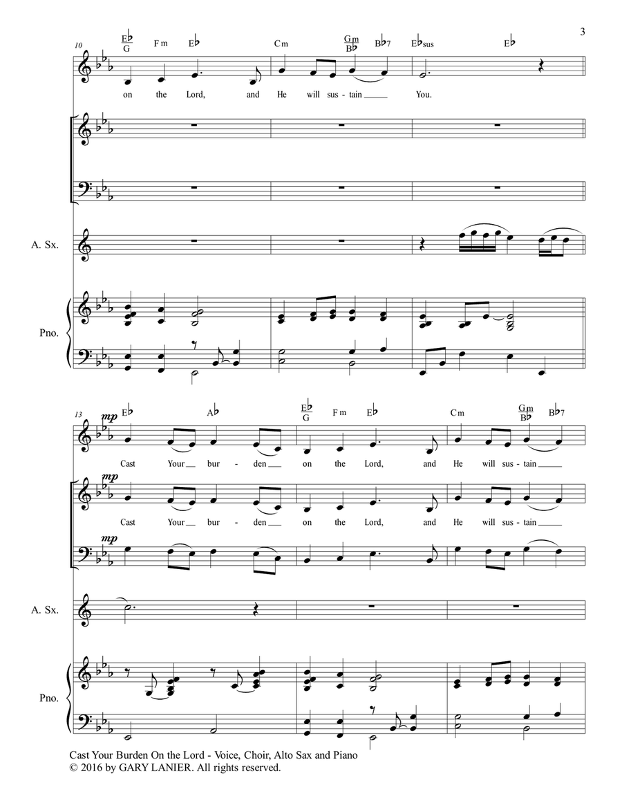Gary Lanier: CAST YOUR BURDEN ON THE LORD (Worship - For Voice, Choir, Alto Sax and Piano with Parts Choir scores gallery preview page 4