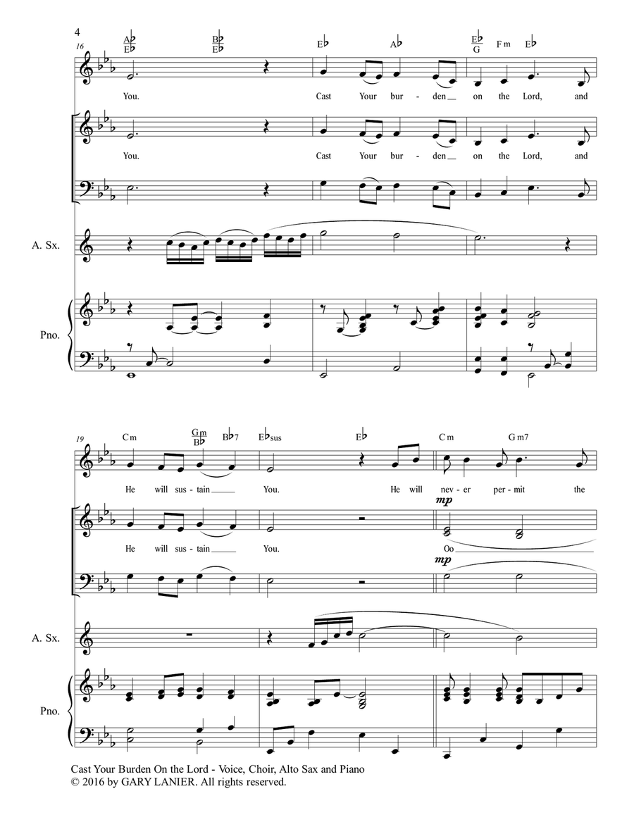 Gary Lanier: CAST YOUR BURDEN ON THE LORD (Worship - For Voice, Choir, Alto Sax and Piano with Parts Choir scores gallery preview page 5