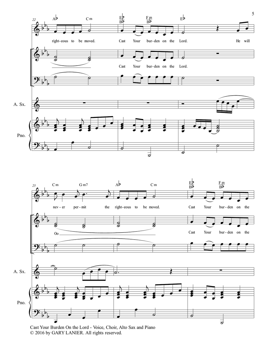 Gary Lanier: CAST YOUR BURDEN ON THE LORD (Worship - For Voice, Choir, Alto Sax and Piano with Parts Choir scores gallery preview page 6
