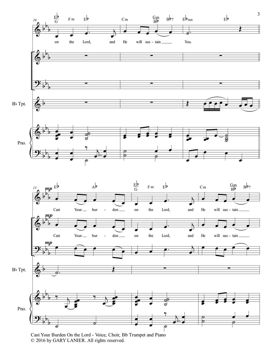 Gary Lanier: CAST YOUR BURDEN ON THE LORD (Worship - For Voice, Choir, Bb Trumpet and Piano with Par Choir scores gallery preview page 4