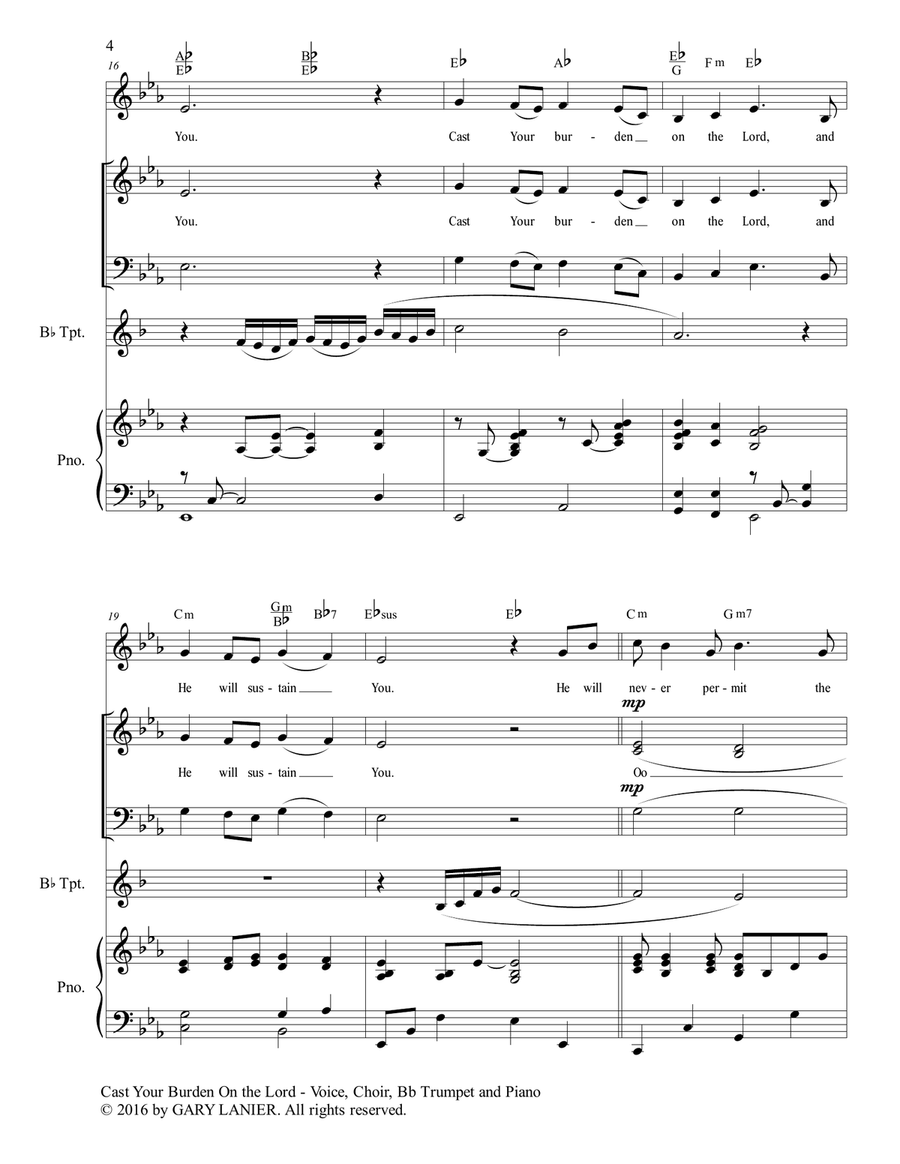 Gary Lanier: CAST YOUR BURDEN ON THE LORD (Worship - For Voice, Choir, Bb Trumpet and Piano with Par Choir scores gallery preview page 5