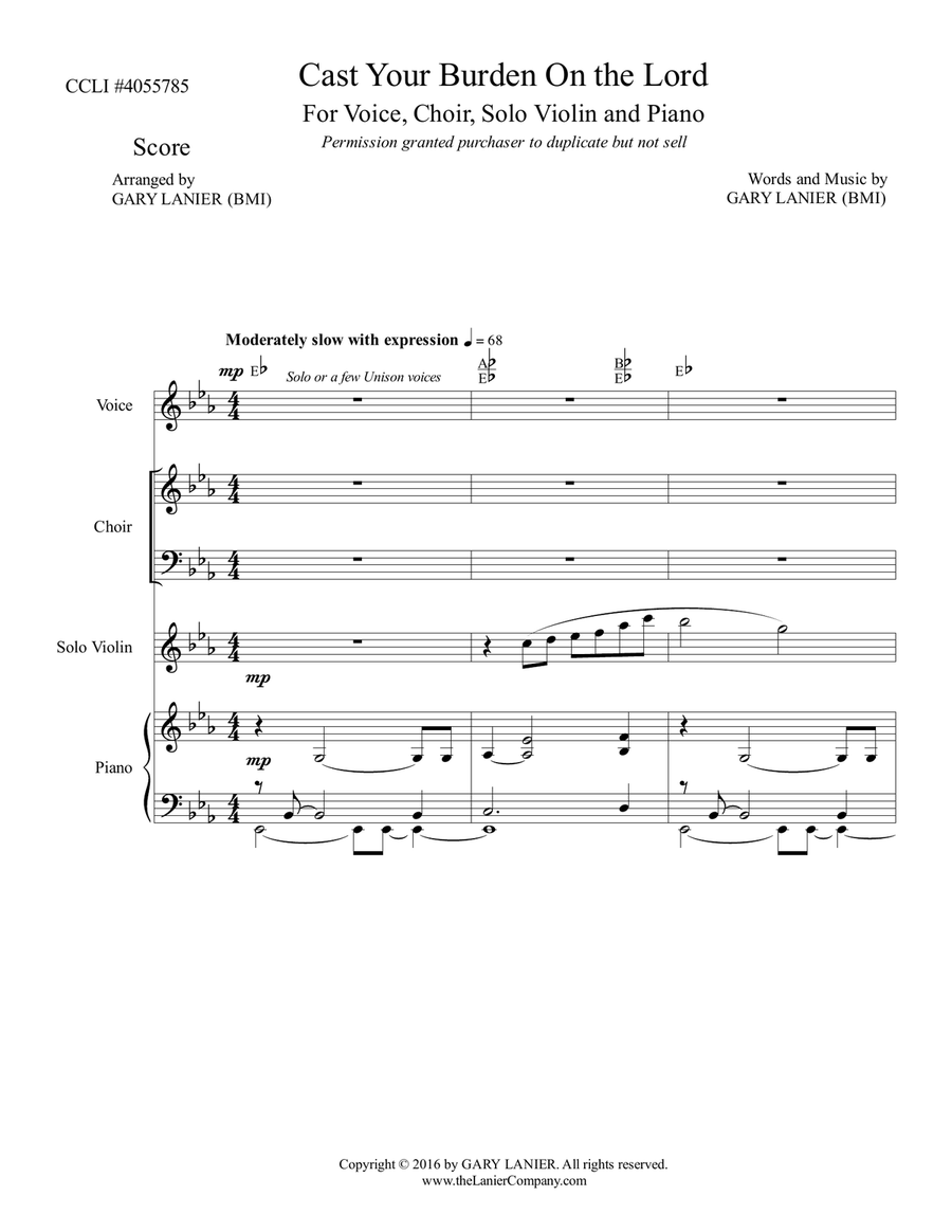 Gary Lanier: CAST YOUR BURDEN ON THE LORD (Worship - For Voice, Choir, Violin and Piano with Parts) Choir scores gallery preview page 2